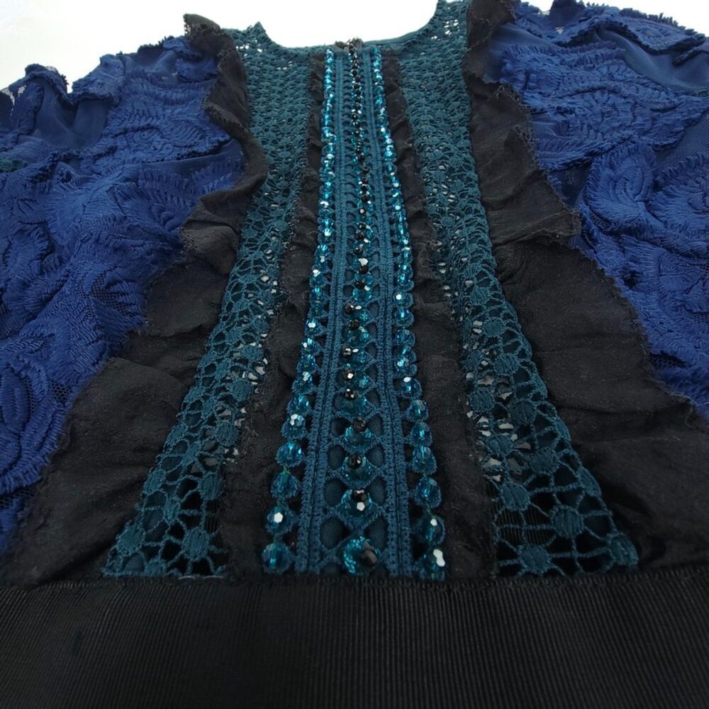 NEW Self Portrait Thea Sheer Lace Applique Pleated Maxi Dress Navy Emerald Gown - Picture 3 of 11